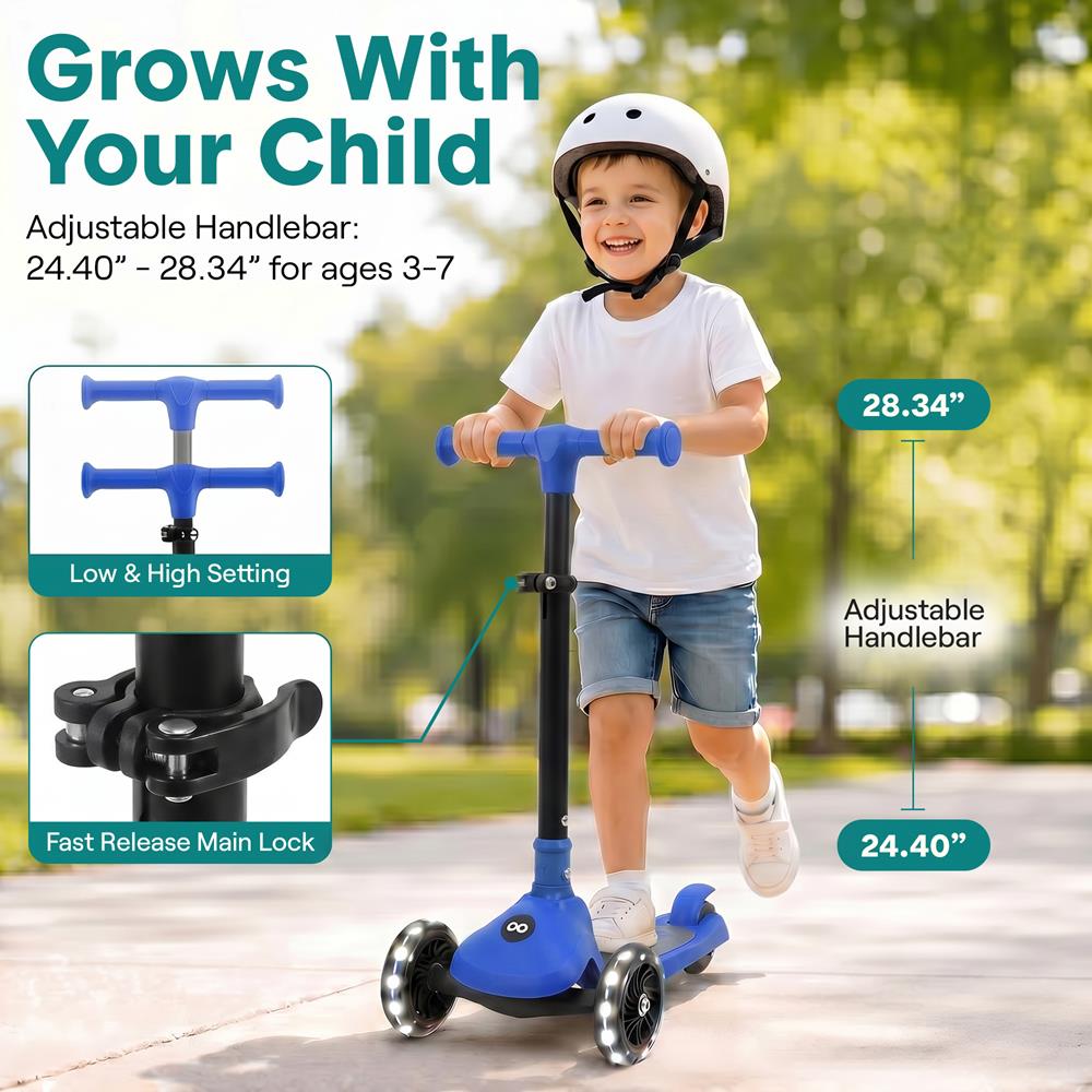 3-Wheel Foldable Kids Scooter - Child Toy Scooter With Built-In Led Wheel Lights, And Easy Maneuvering Lean-To-Steer Technology (Blue)
