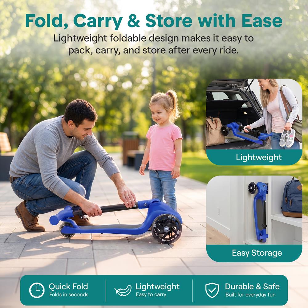 Kids Kick Scooter with LED Wheels, Lean-to-Steer, Adjustable Handlebar, Blue