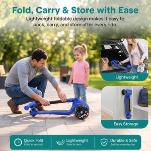 3-Wheel Foldable Kids Scooter - Child Toy Scooter With Built-In Led Wheel Lights, And Easy Maneuvering Lean-To-Steer Technology (Blue)