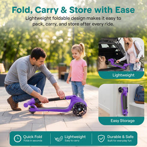 3-Wheel Kids Scooter, Foldable, LED Wheels, Lean-to-Steer, Purple