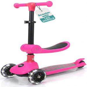 3-Wheel Kids Scooter, Foldable Seat, LED Wheels, Adjustable Handlebar, Pink