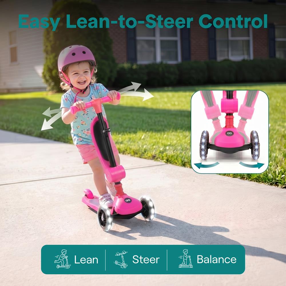 3-Wheel Kids Scooter, Foldable Seat, LED Wheels, Adjustable Handlebar, Pink