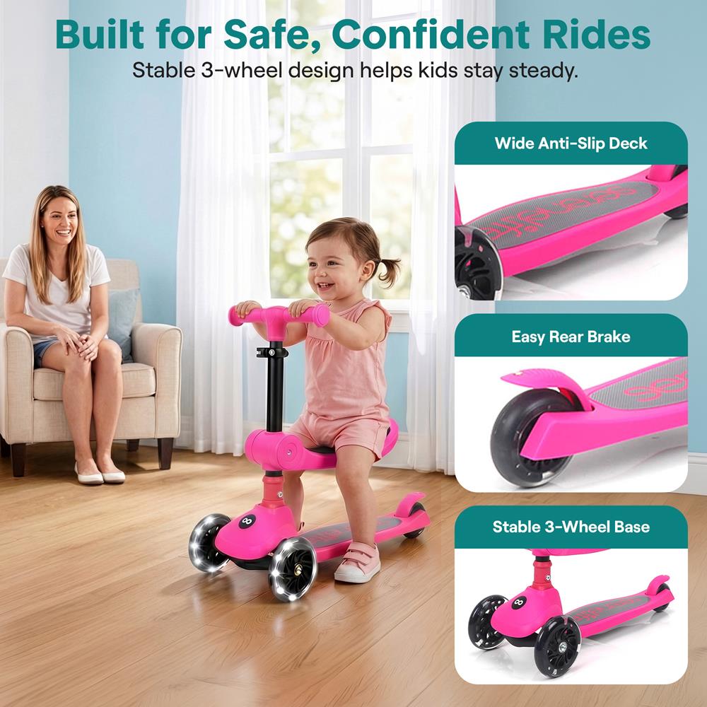 3-Wheel Kids Scooter, Foldable Seat, LED Wheels, Adjustable Handlebar, Pink