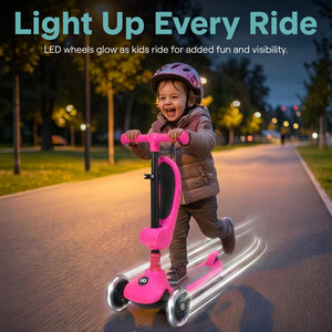 3-Wheel Kids Scooter, Foldable Seat, LED Wheels, Adjustable Handlebar, Pink