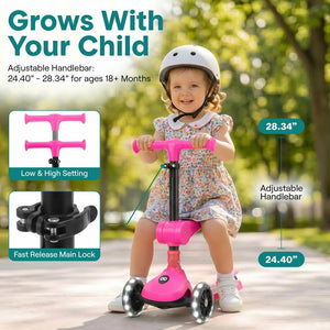 3-Wheel Kids Scooter, Foldable Seat, LED Wheels, Adjustable Handlebar, Pink