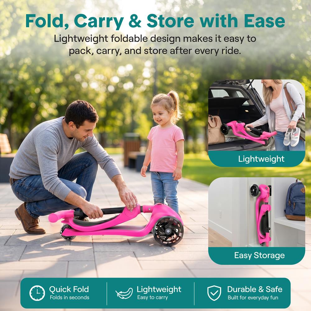 3-Wheel Kids Scooter, Foldable Seat, LED Wheels, Adjustable Handlebar, Pink
