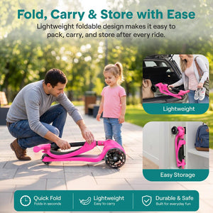 3-Wheel Kids Scooter, Foldable Seat, LED Wheels, Adjustable Handlebar, Pink