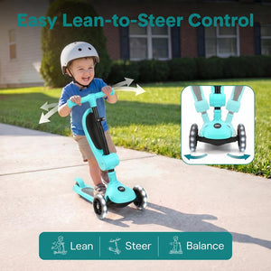 3-Wheel Kids Scooter, Foldable Seat, LED Wheels, Adjustable Handlebar, Turquoise Blue