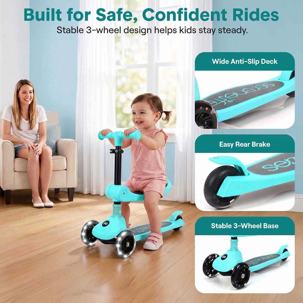 3-Wheel Kids Scooter, Foldable Seat, LED Wheels, Adjustable Handlebar, Turquoise Blue