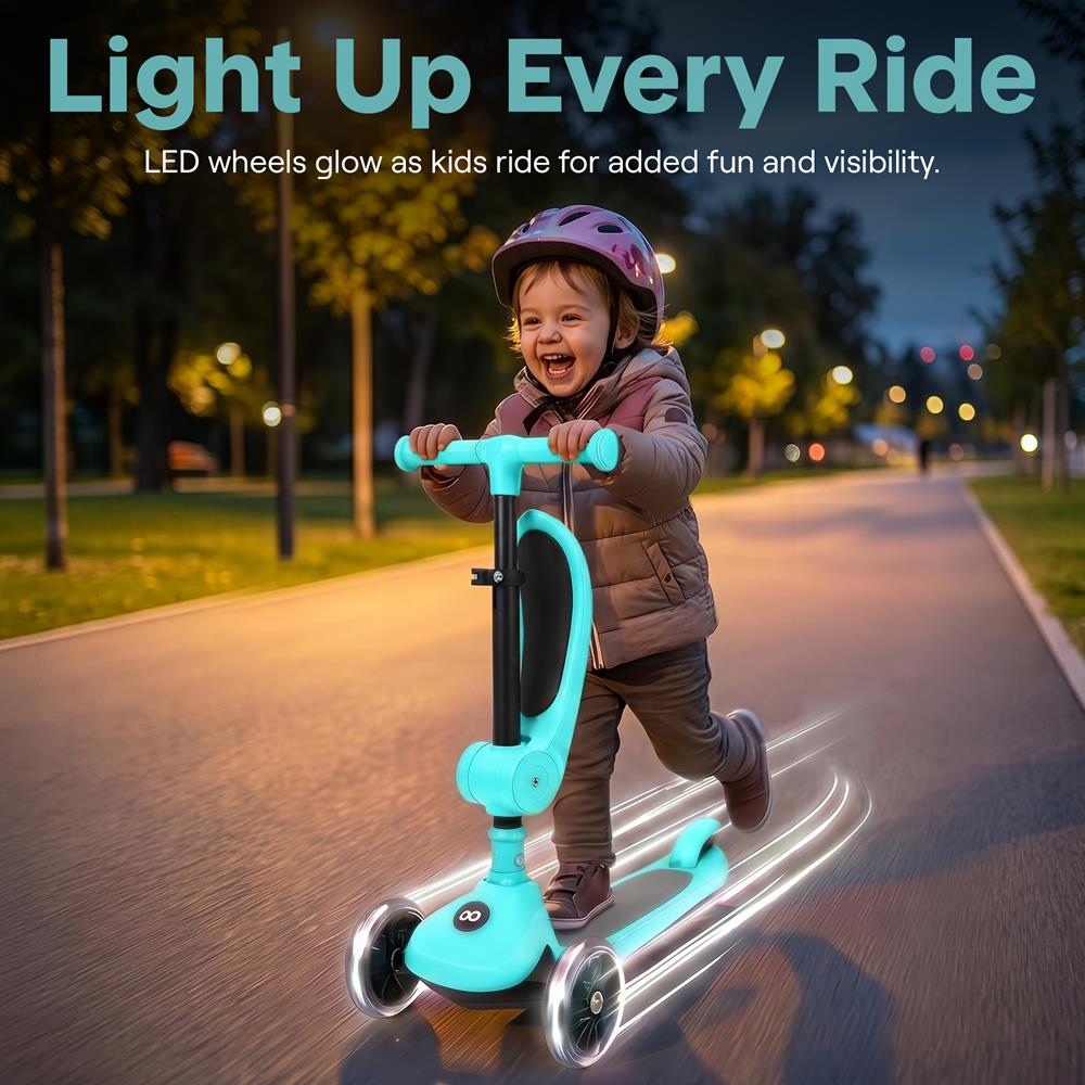 3-Wheel Kids Scooter, Foldable Seat, LED Wheels, Adjustable Handlebar, Turquoise Blue