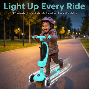 3-Wheel Kids Scooter, Foldable Seat, LED Wheels, Adjustable Handlebar, Turquoise Blue