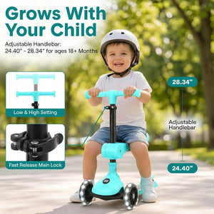 3-Wheel Kids Scooter, Foldable Seat, LED Wheels, Adjustable Handlebar, Turquoise Blue