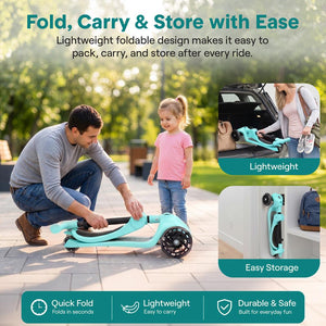 3-Wheel Kids Scooter, Foldable Seat, LED Wheels, Adjustable Handlebar, Turquoise Blue