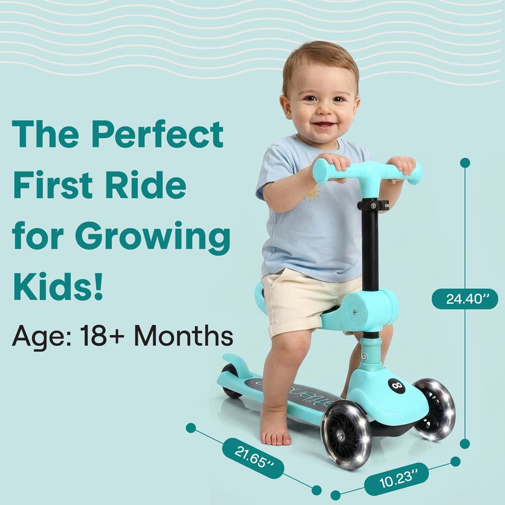 3-Wheel Kids Scooter, Foldable Seat, LED Wheels, Adjustable Handlebar, Turquoise Blue