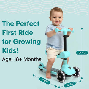 3-Wheel Kids Scooter, Foldable Seat, LED Wheels, Adjustable Handlebar, Turquoise Blue