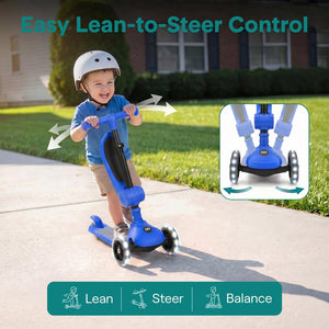 3-Wheel Kids Scooter, Foldable Seat, LED Wheels, Adjustable Handlebar, Blue
