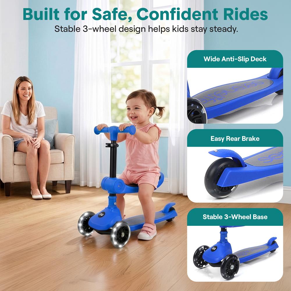 3-Wheel Kids Scooter, Foldable Seat, LED Wheels, Adjustable Handlebar, Blue