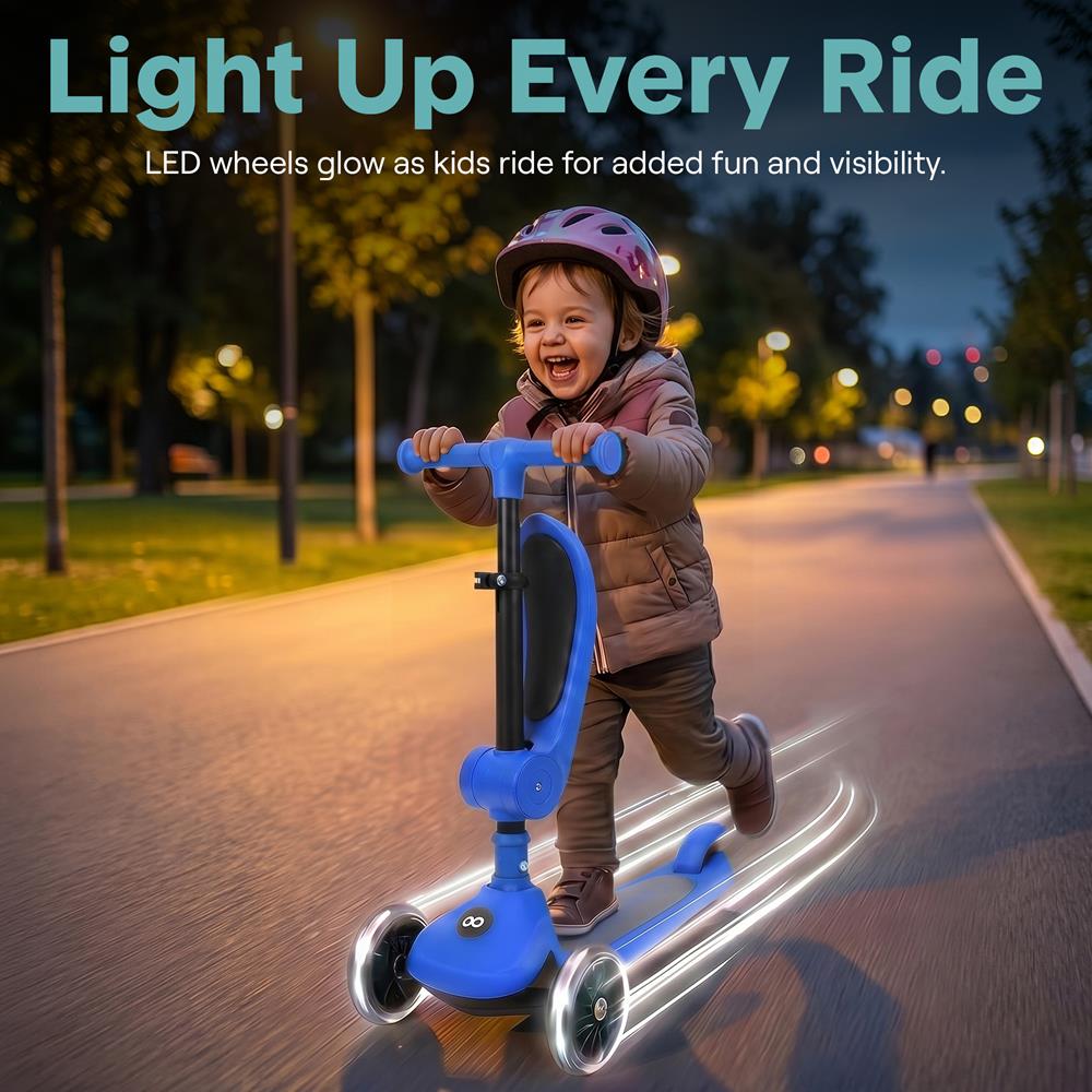 3-Wheel Kids Scooter, Foldable Seat, LED Wheels, Adjustable Handlebar, Blue