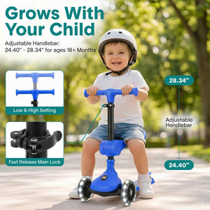 3-Wheel Kids Scooter, Foldable Seat, LED Wheels, Adjustable Handlebar, Blue