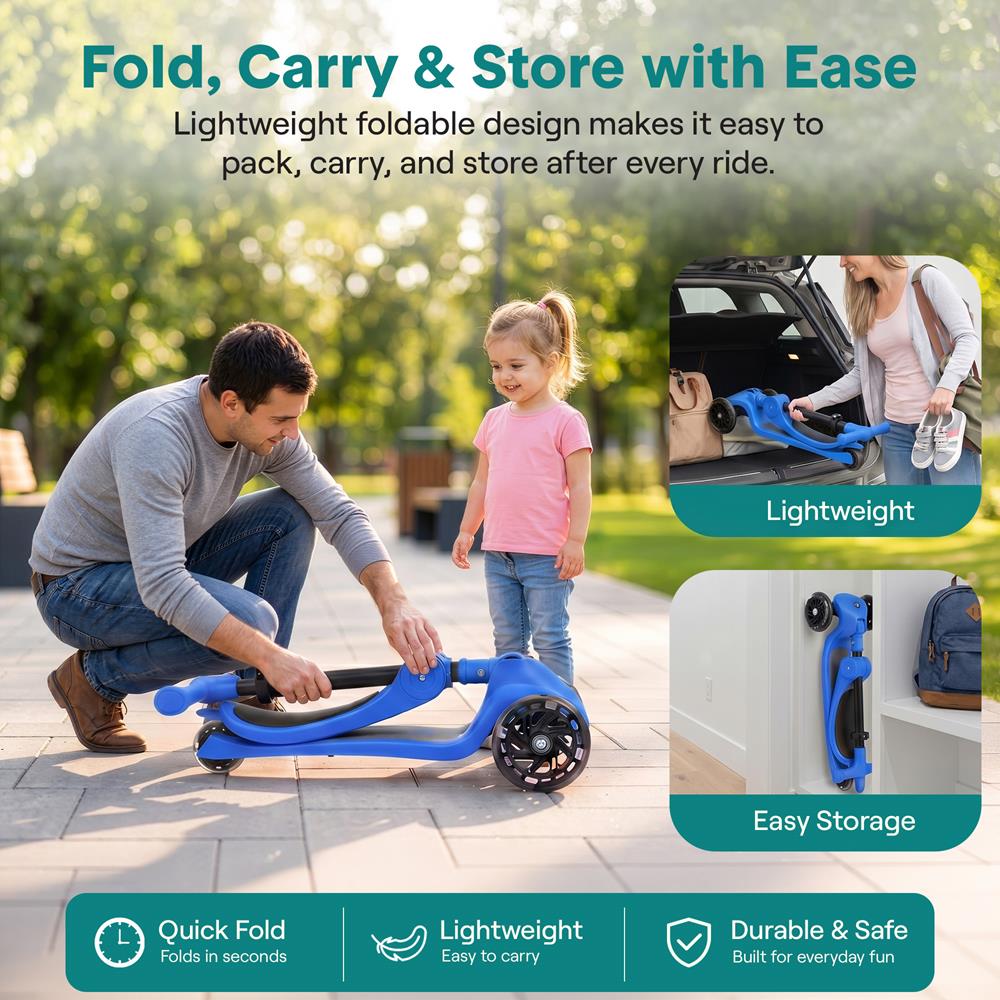 3-Wheel Kids Scooter, Foldable Seat, LED Wheels, Adjustable Handlebar, Blue