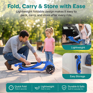 3-Wheel Kids Scooter, Foldable Seat, LED Wheels, Adjustable Handlebar, Blue