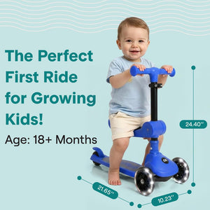 3-Wheel Kids Scooter, Foldable Seat, LED Wheels, Adjustable Handlebar, Blue