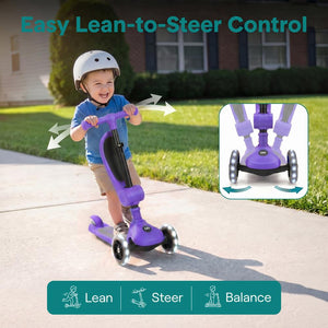 3-Wheel Foldable Kids Scooter - Child Toy Scooter With Built-In Led Wheel Lights, Foldable Seat, And Easy Maneuvering Lean-To-Steer Technology (Purple)