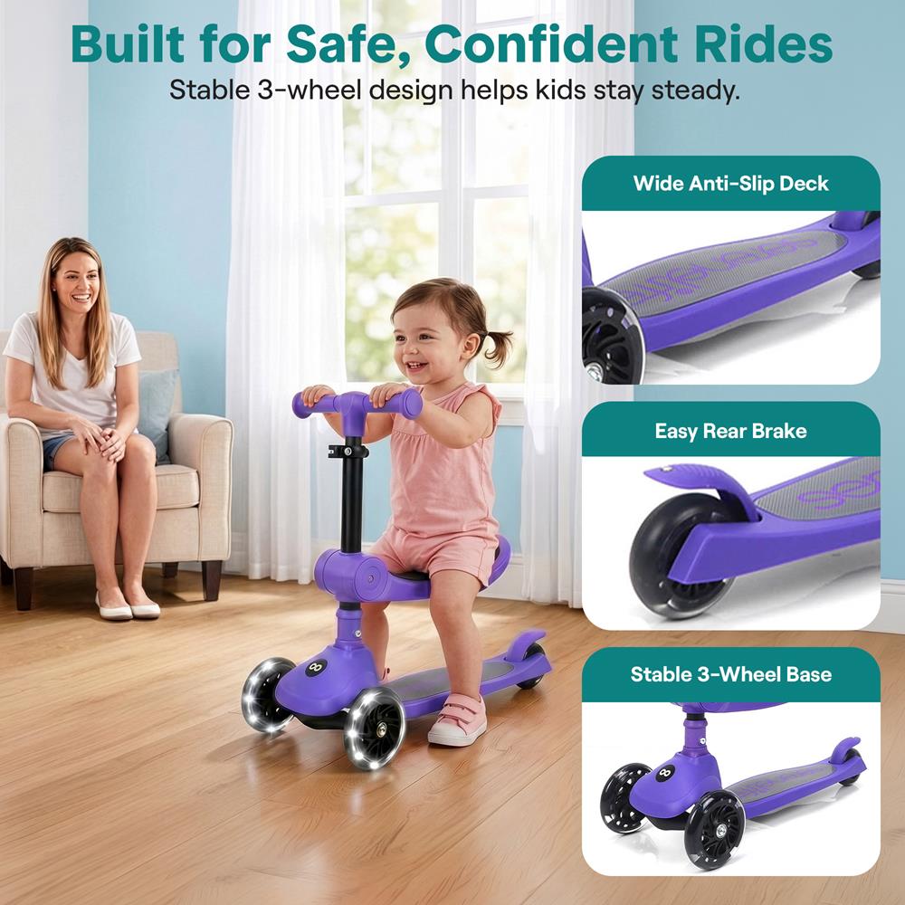 3-Wheel Foldable Kids Scooter - Child Toy Scooter With Built-In Led Wheel Lights, Foldable Seat, And Easy Maneuvering Lean-To-Steer Technology (Purple)