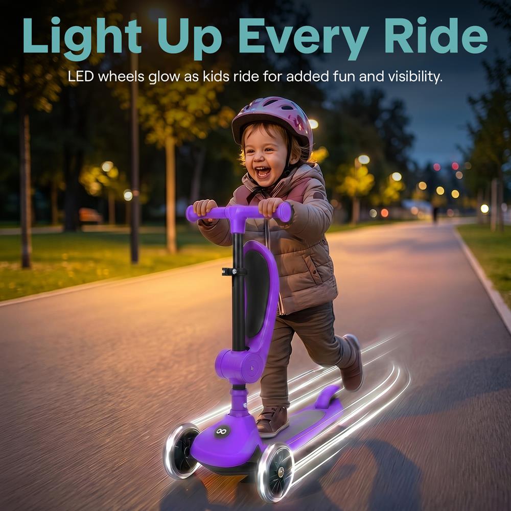 3-Wheel Foldable Kids Scooter - Child Toy Scooter With Built-In Led Wheel Lights, Foldable Seat, And Easy Maneuvering Lean-To-Steer Technology (Purple)