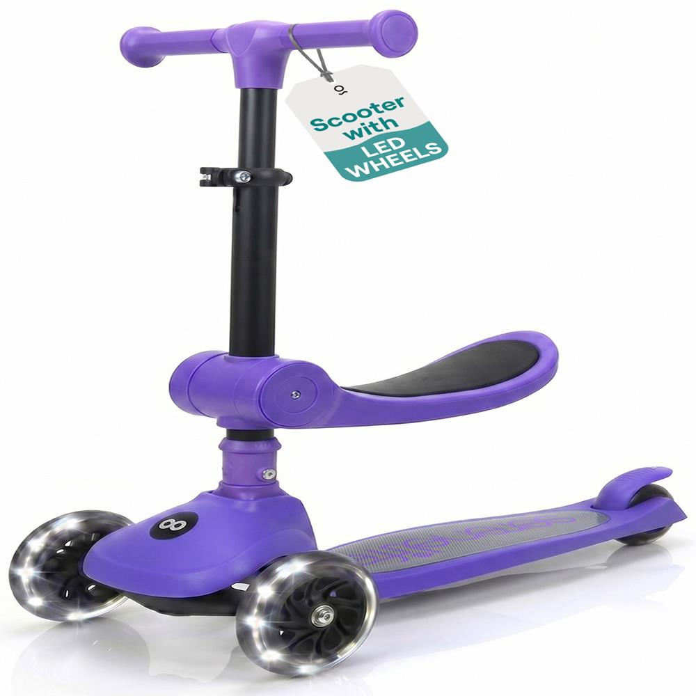 3-Wheel Foldable Kids Scooter - Child Toy Scooter With Built-In Led Wheel Lights, Foldable Seat, And Easy Maneuvering Lean-To-Steer Technology (Purple)