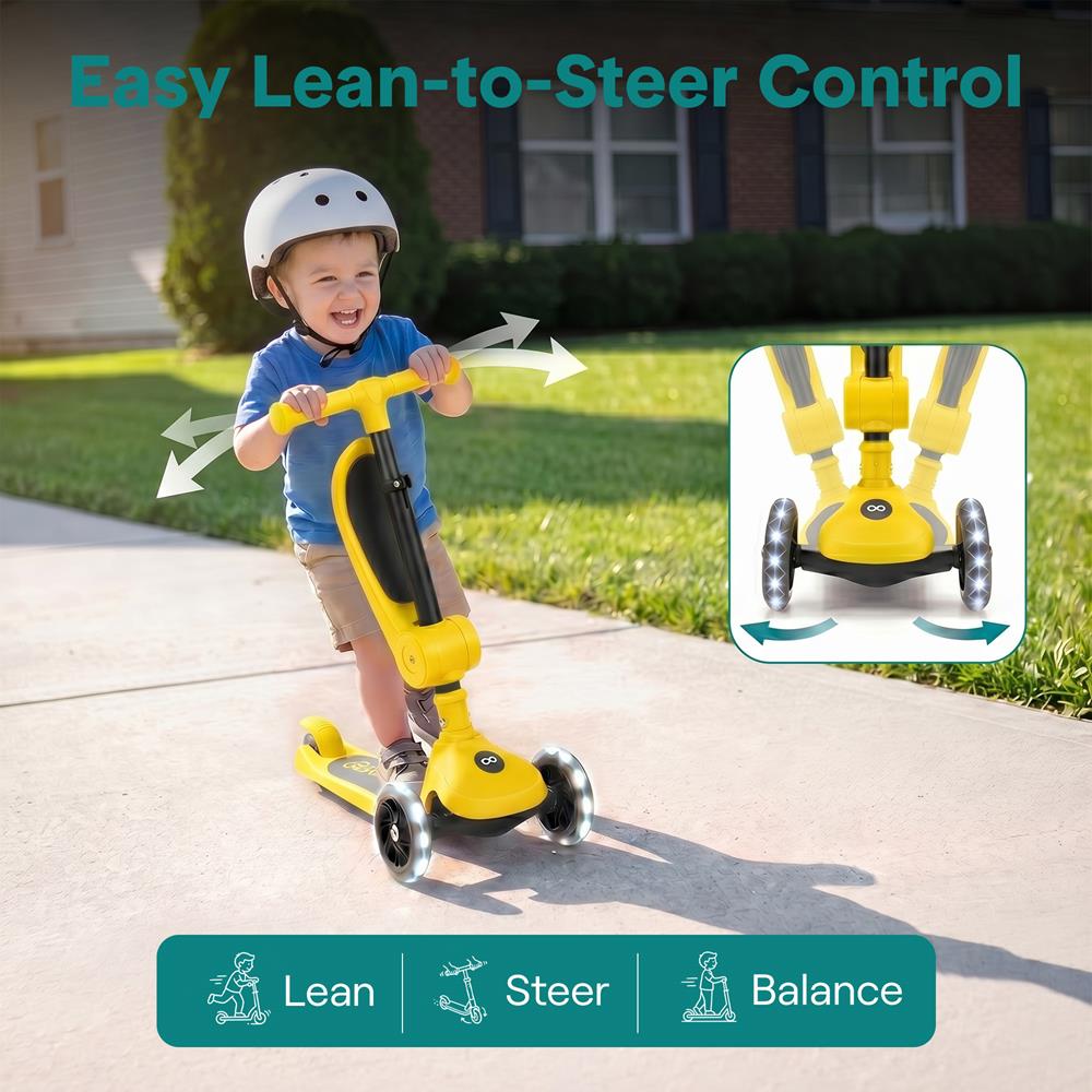 3-Wheel Foldable Kids Scooter - Child Toy Scooter With Built-In Led Wheel Lights, Foldable Seat, And Easy Maneuvering Lean-To-Steer Technology (Yellow)