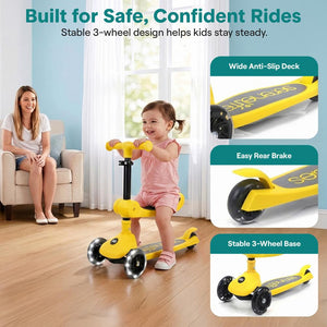 3-Wheel Kids Scooter, Foldable Seat, LED Wheels, Adjustable Handlebar, Yellow