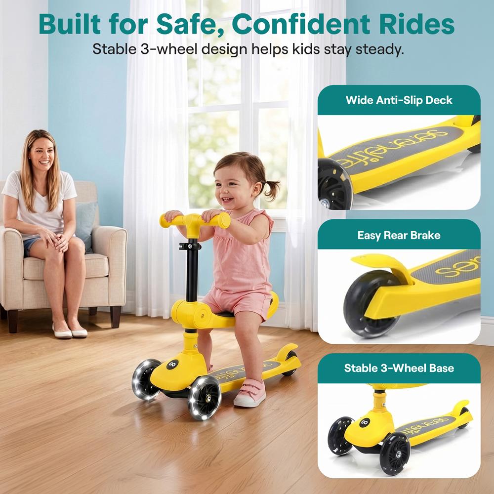 3-Wheel Foldable Kids Scooter - Child Toy Scooter With Built-In Led Wheel Lights, Foldable Seat, And Easy Maneuvering Lean-To-Steer Technology (Yellow)
