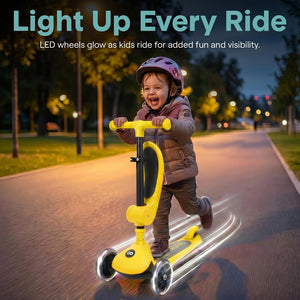 3-Wheel Foldable Kids Scooter - Child Toy Scooter With Built-In Led Wheel Lights, Foldable Seat, And Easy Maneuvering Lean-To-Steer Technology (Yellow)