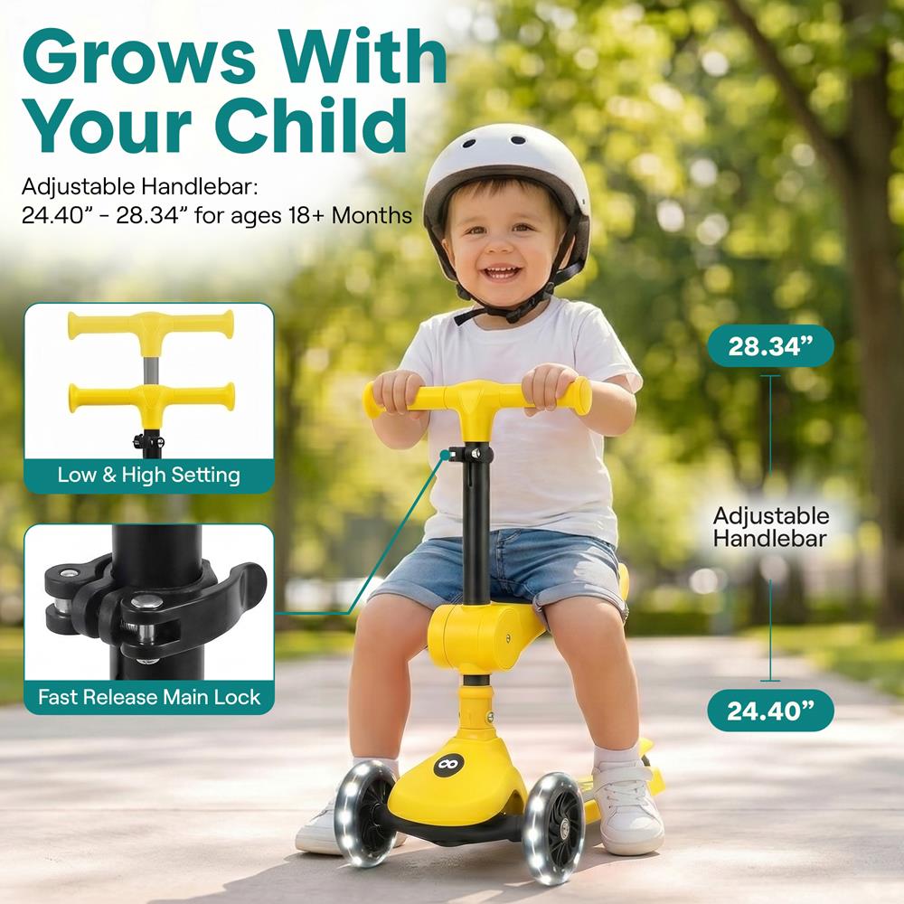 3-Wheel Kids Scooter, Foldable Seat, LED Wheels, Adjustable Handlebar, Yellow