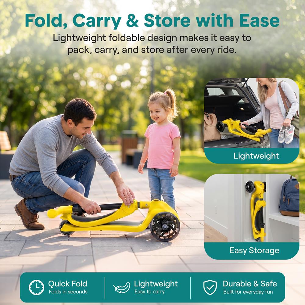 3-Wheel Kids Scooter, Foldable Seat, LED Wheels, Adjustable