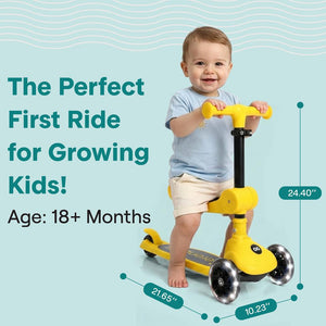 3-Wheel Kids Scooter, Foldable Seat, LED Wheels, Adjustable Handlebar, Yellow