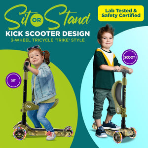 Infinity 3-Wheel Kids Scooter- Child & Toddler Toy Scooter With Built-In Led Wheel Lights, Fold-Out Comfort Seat (Camo)