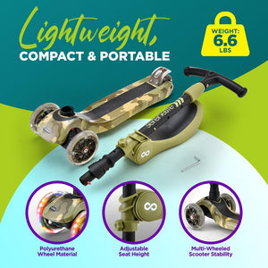 Infinity 3-Wheel Kids Scooter- Child & Toddler Toy Scooter With Built-In Led Wheel Lights, Fold-Out Comfort Seat (Camo)