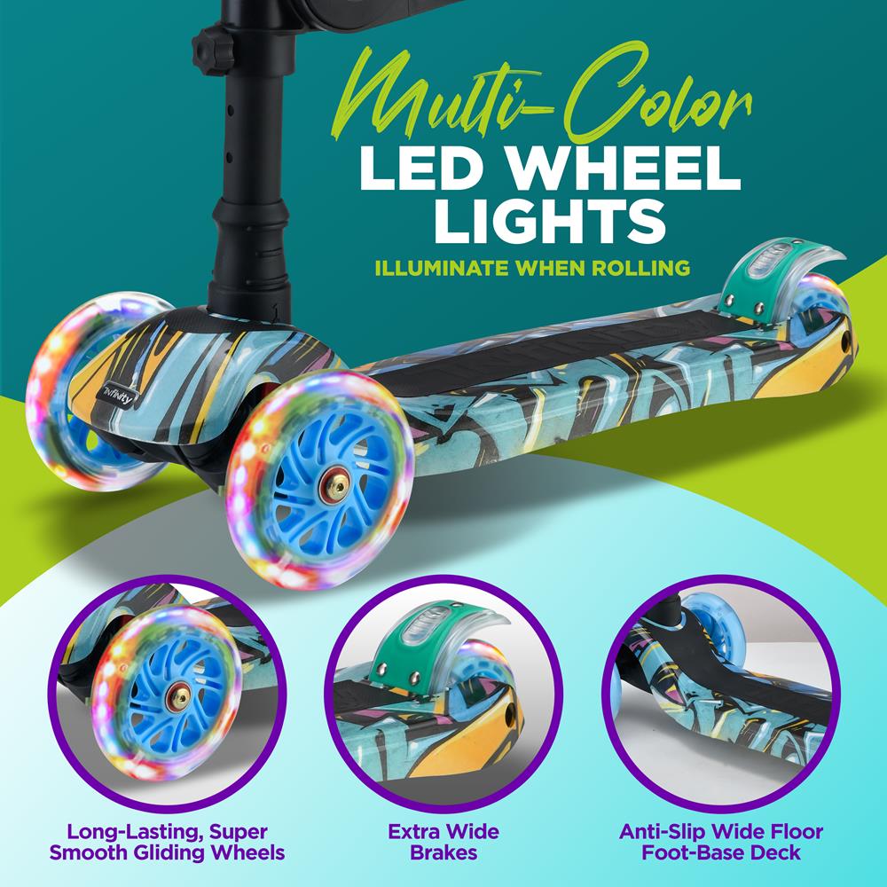 Infinity 3-Wheel Kids Scooter- Child & Toddler Toy Scooter With Built-In Led Wheel Lights, Fold-Out Comfort Seat (Graffiti)