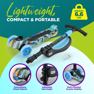 Infinity 3-Wheel Kids Scooter- Child & Toddler Toy Scooter With Built-In Led Wheel Lights, Fold-Out Comfort Seat (Graffiti)