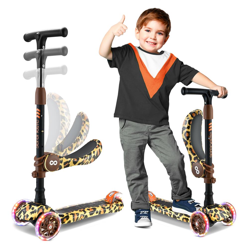 Infinity 3-Wheel Kids Scooter - Child & Toddler Toy Scooter With Built-In Led Wheel Lights, Fold-Out Comfort Seat (Leopard)