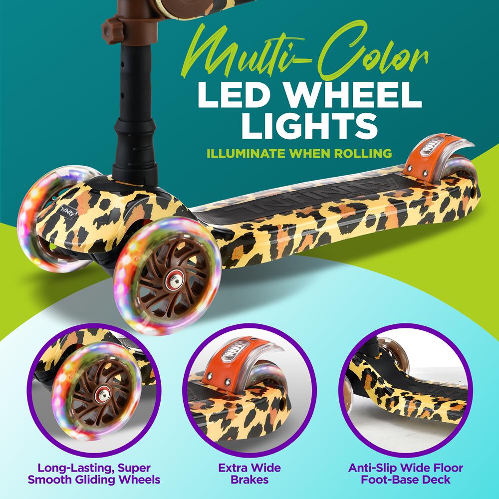 Infinity 3-Wheel Kids Scooter - Child & Toddler Toy Scooter With Built-In Led Wheel Lights, Fold-Out Comfort Seat (Leopard)