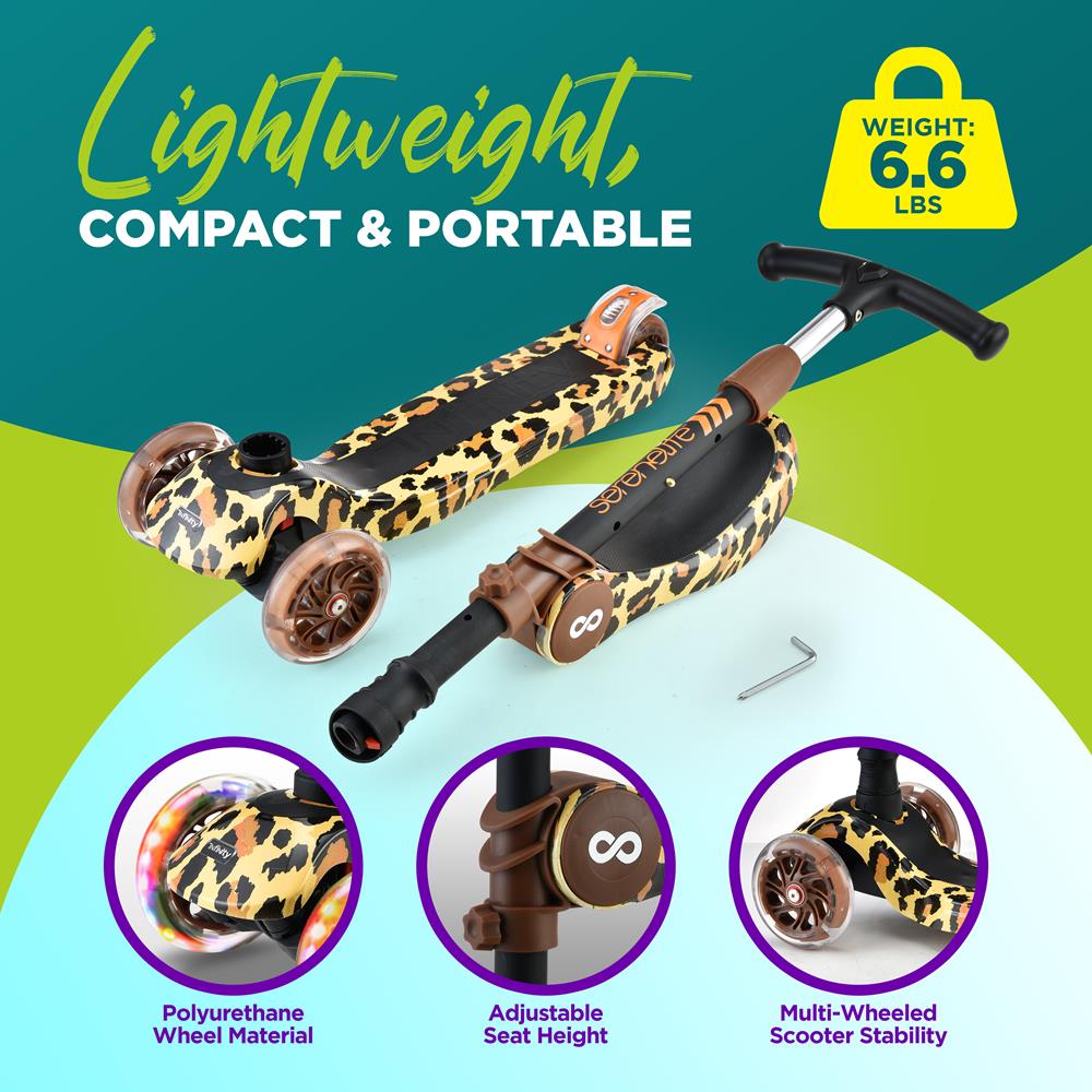 Infinity 3-Wheel Kids Scooter - Child & Toddler Toy Scooter With Built-In Led Wheel Lights, Fold-Out Comfort Seat (Leopard)