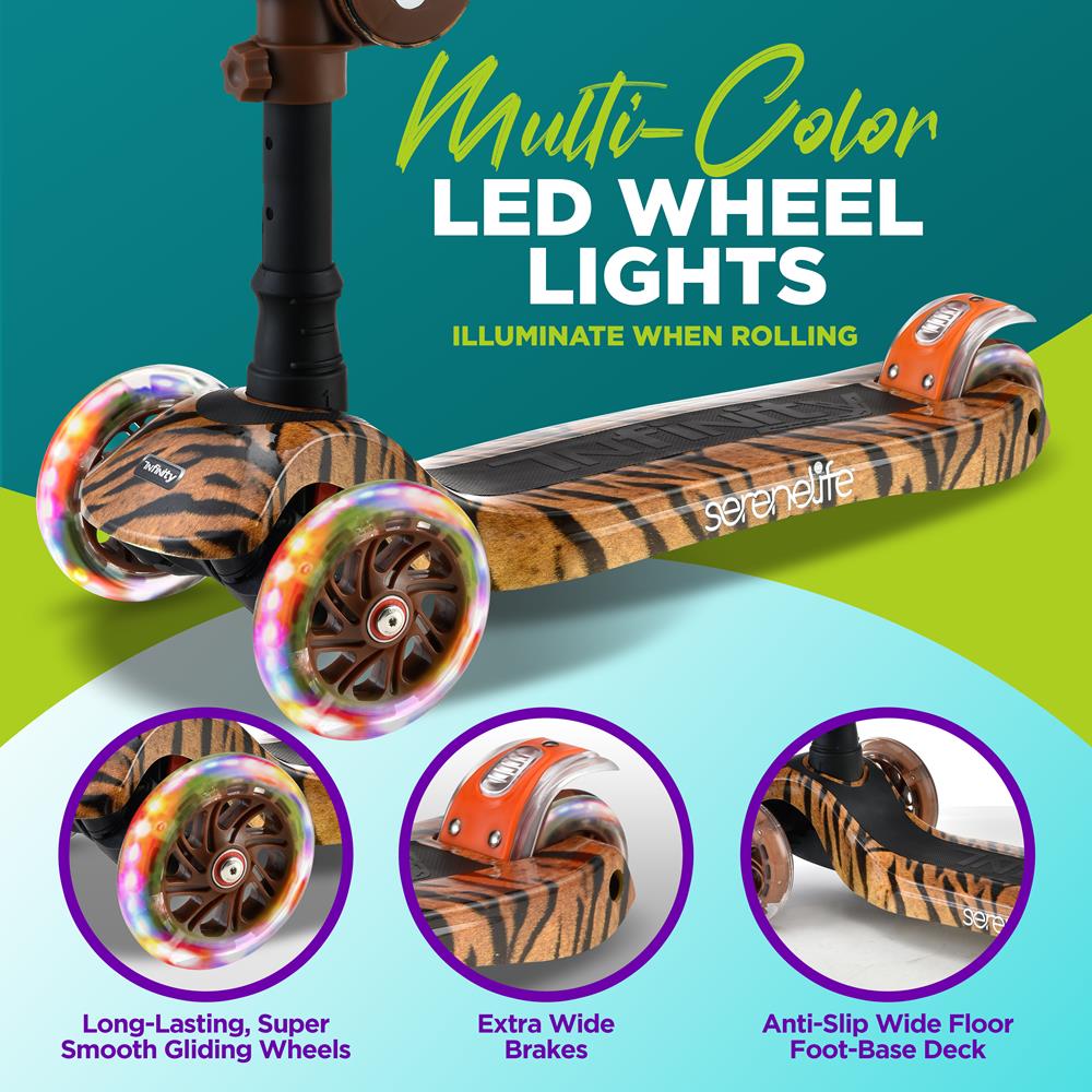 Infinity 3-Wheel Kids Scooter - Child & Toddler Toy Scooter With Built-In Led Wheel Lights, Fold-Out Comfort Seat (Tiger)