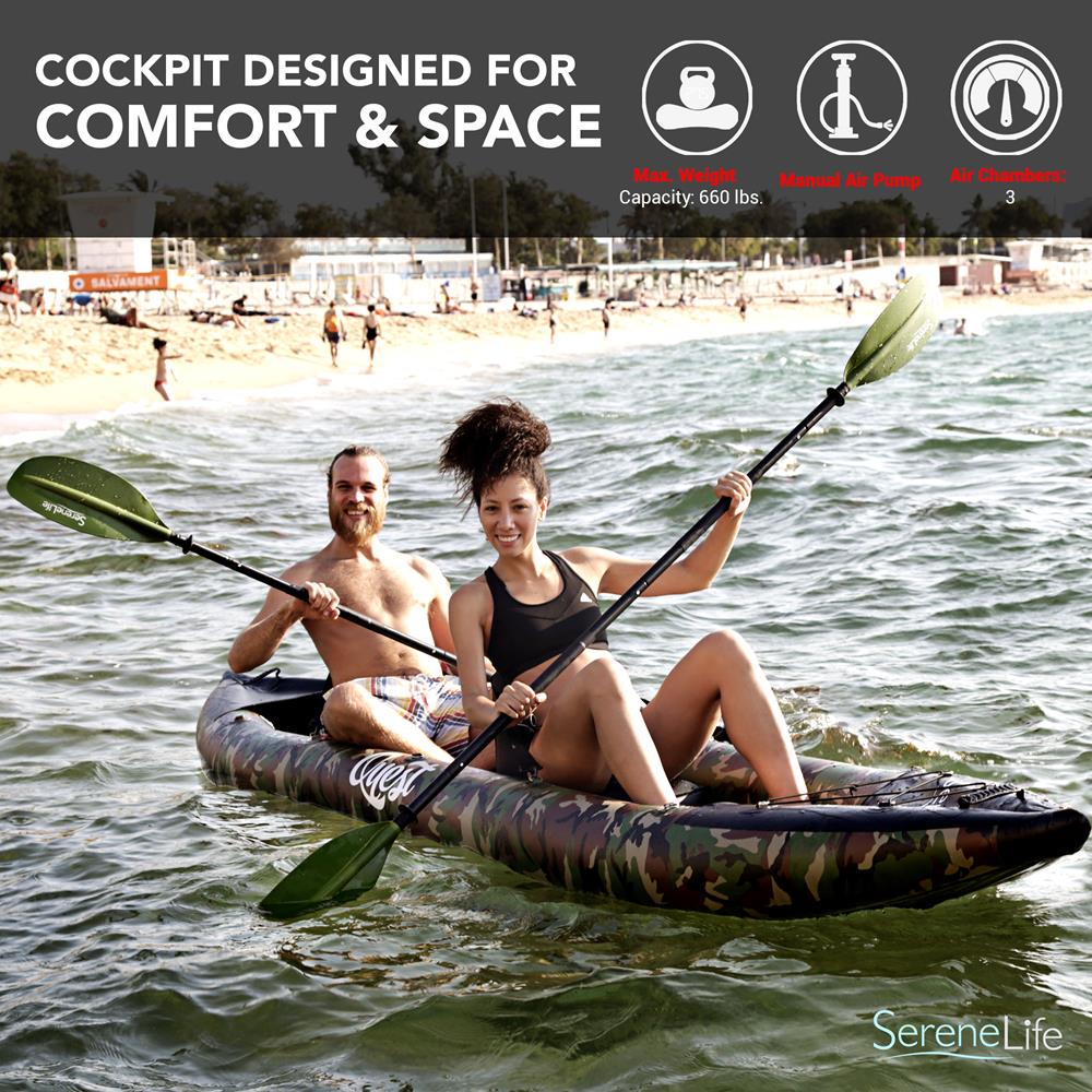 2-Person Inflatable Kayak Set With Aluminum Oars And High Output Air Pump, Carrying Bag And Repair Kit (Camo)