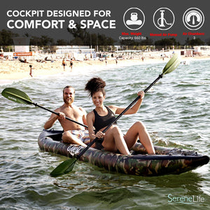 2-Person Inflatable Kayak Set With Aluminum Oars And High Output Air Pump, Carrying Bag And Repair Kit (Camo)