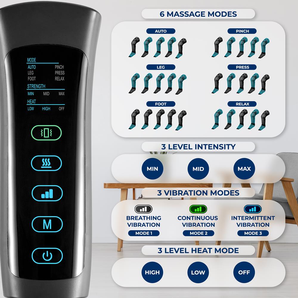 Air Compression Leg Massager, Pain Relief, Heat & 6 Modes, Soccer Leather