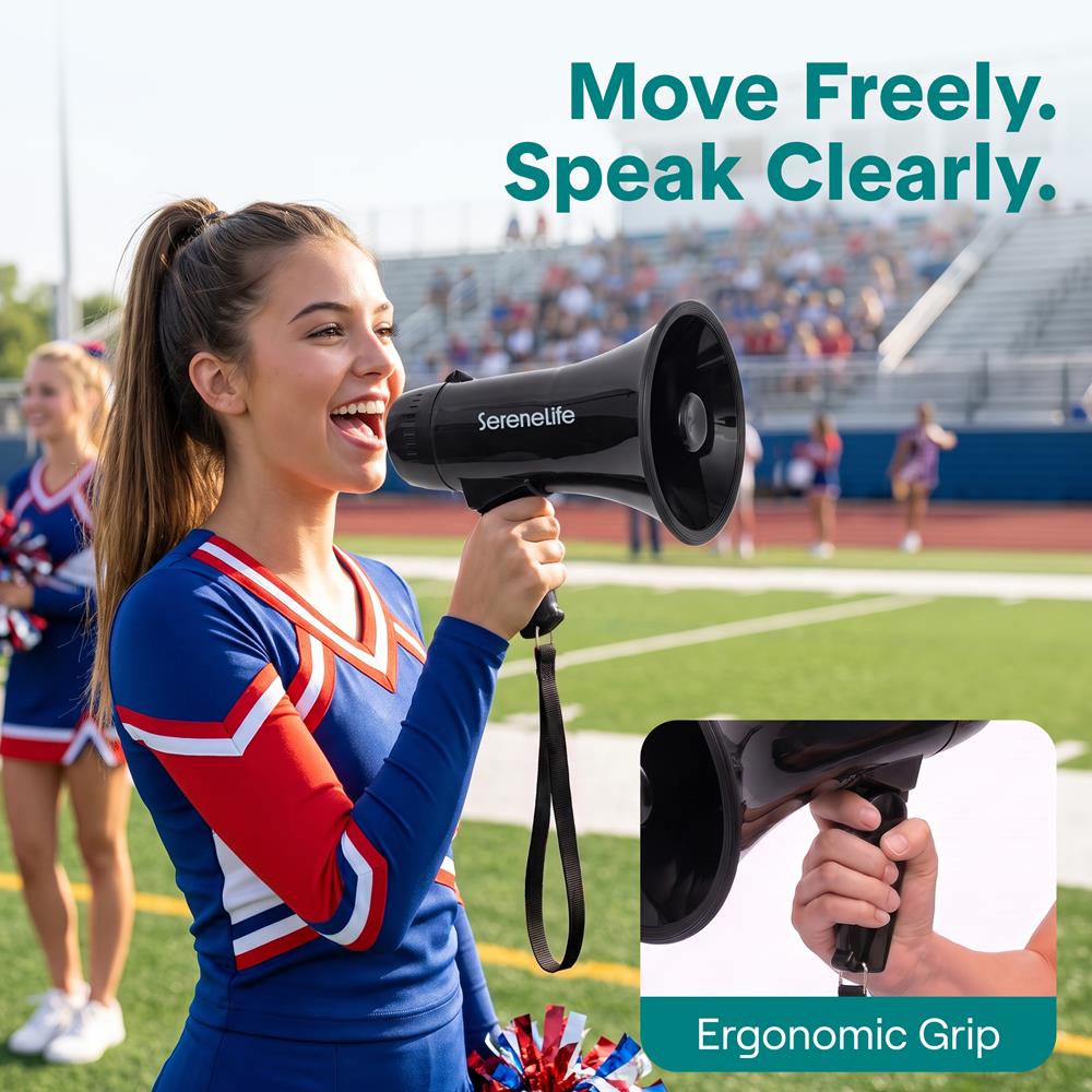 Serenelife 20W Rechargeable Megaphone With Mic, Music & Siren Modes, Usb-C Charging, Ergonomic Foldable Handle (Black)