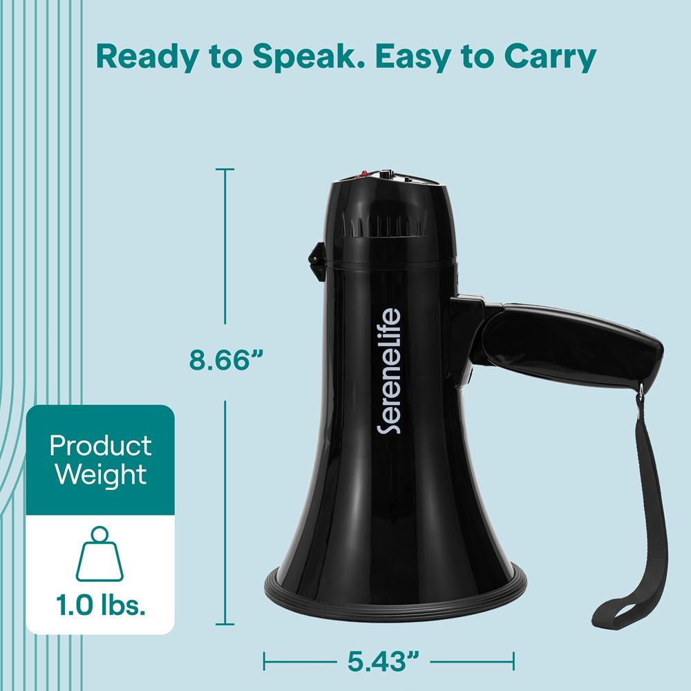 Serenelife 20W Rechargeable Megaphone With Mic, Music & Siren Modes, Usb-C Charging, Ergonomic Foldable Handle (Black)